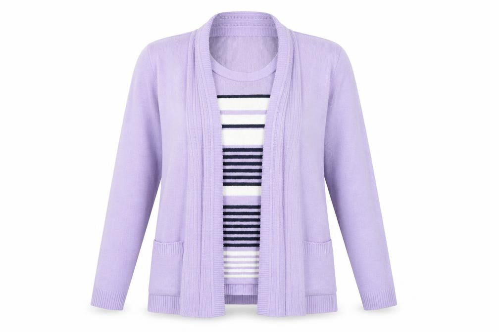 Front view of ViVi women’s purple striped henley jumper, size UK 4