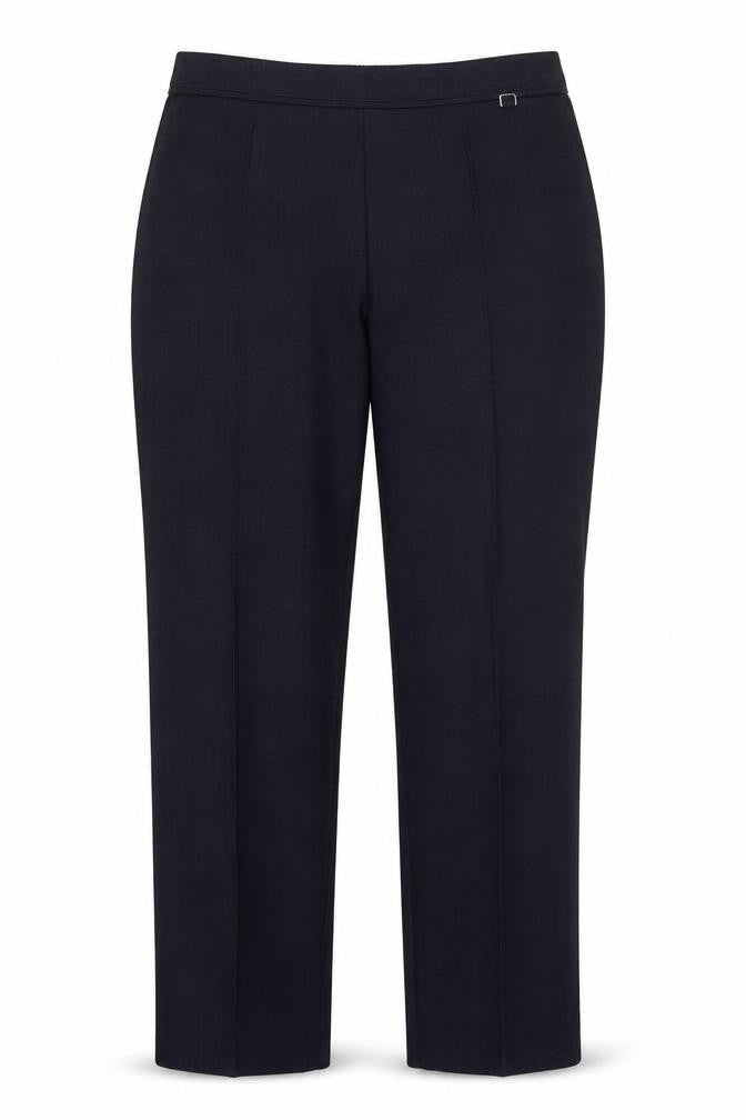 Front view of Marks & Spencer women’s blue trousers, size UK 12, 26-inch leg