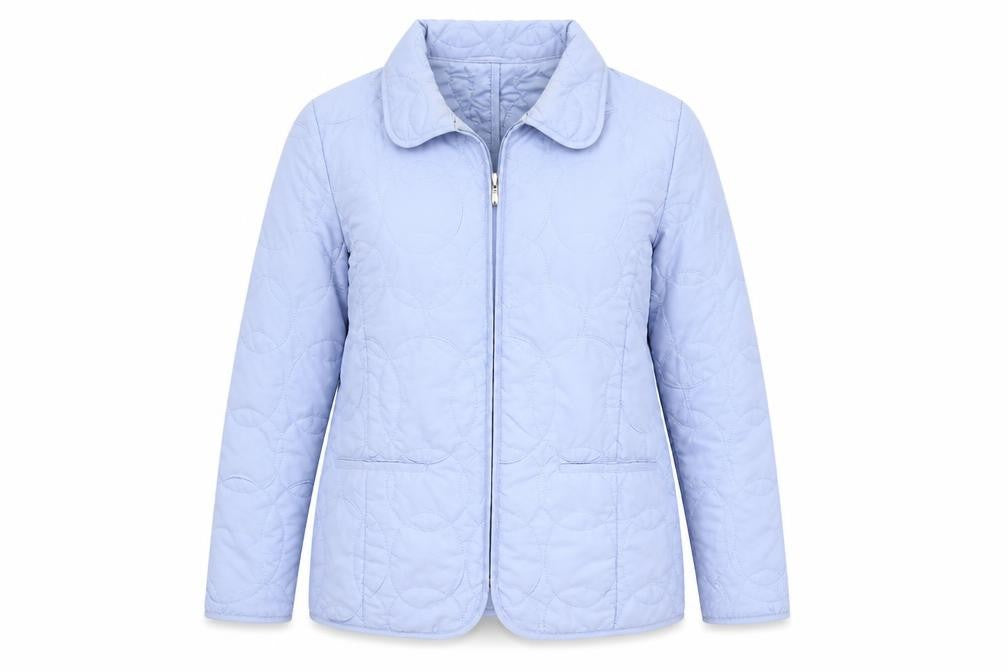 Front view of TIGI women’s blue quilted coat, size UK 10