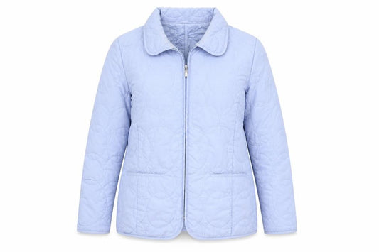 Front view of TIGI women’s blue quilted coat, size UK 10