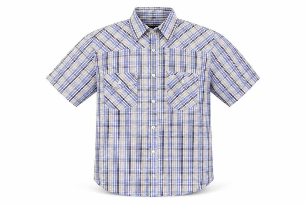 Front view of Lime men’s blue check button-up, size XL