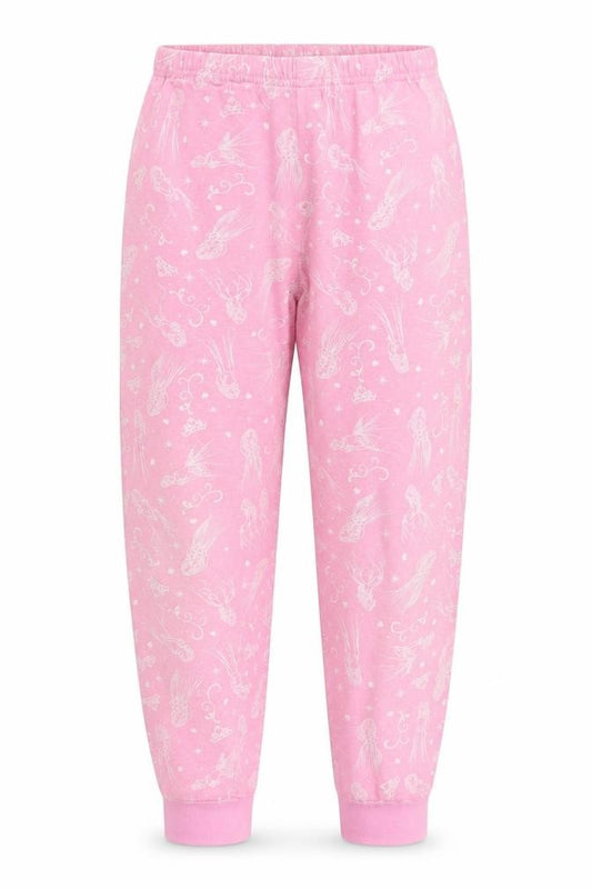 Front view of Disney girls’ pink animal print jogger trousers, size 9, years