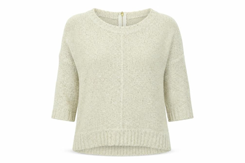 Front view of Warehouse women’s beige knit jumper, size UK 8