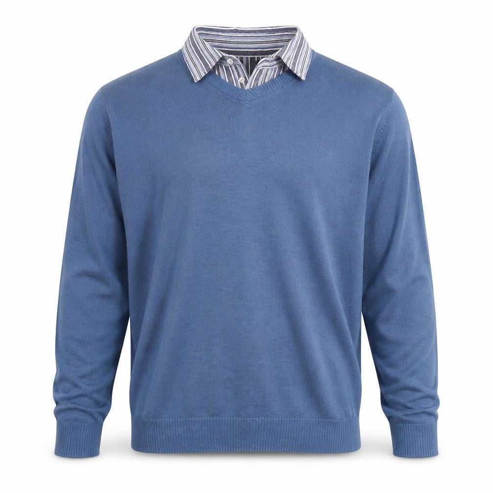 Front view of Southbay men’s blue striped knit jumper, size M