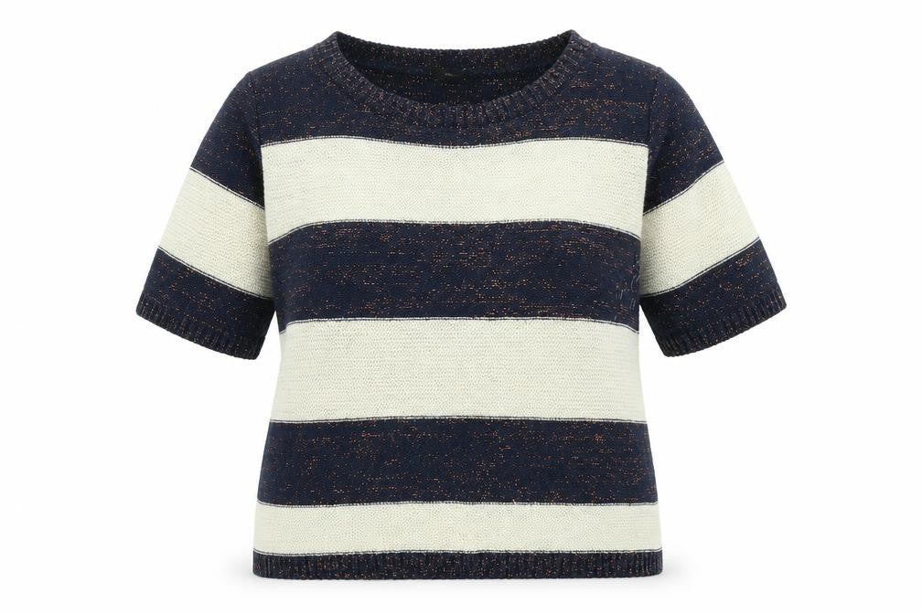 Front view of M&Co women’s beige striped knit jumper, size M
