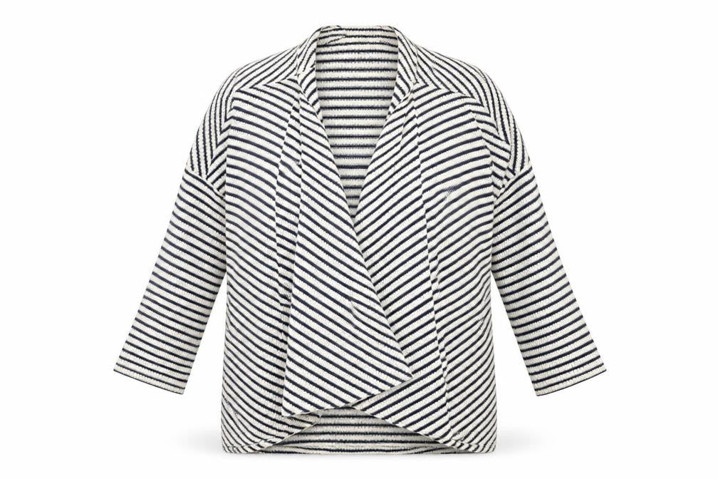 Front view of Papaya women’s beige striped cardigan jumper, size UK 8