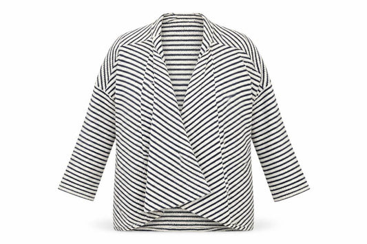 Front view of Papaya women’s beige striped cardigan jumper, size UK 8