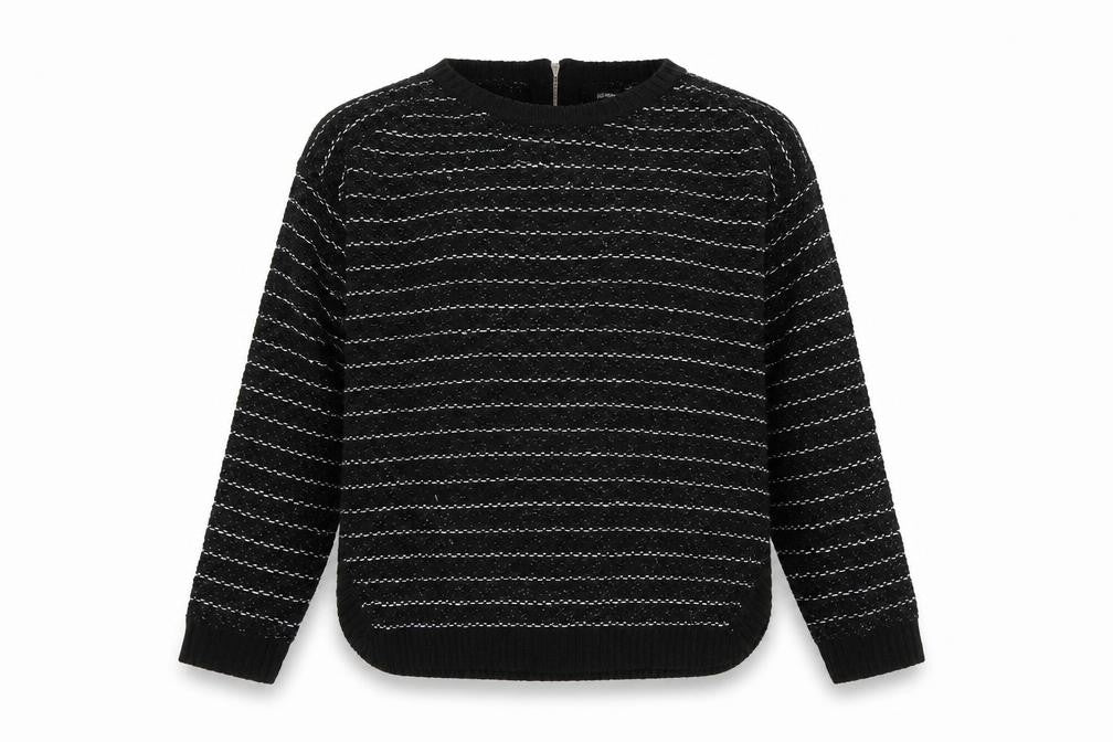 Front view of goldigga women’s black striped jumper, size UK 12