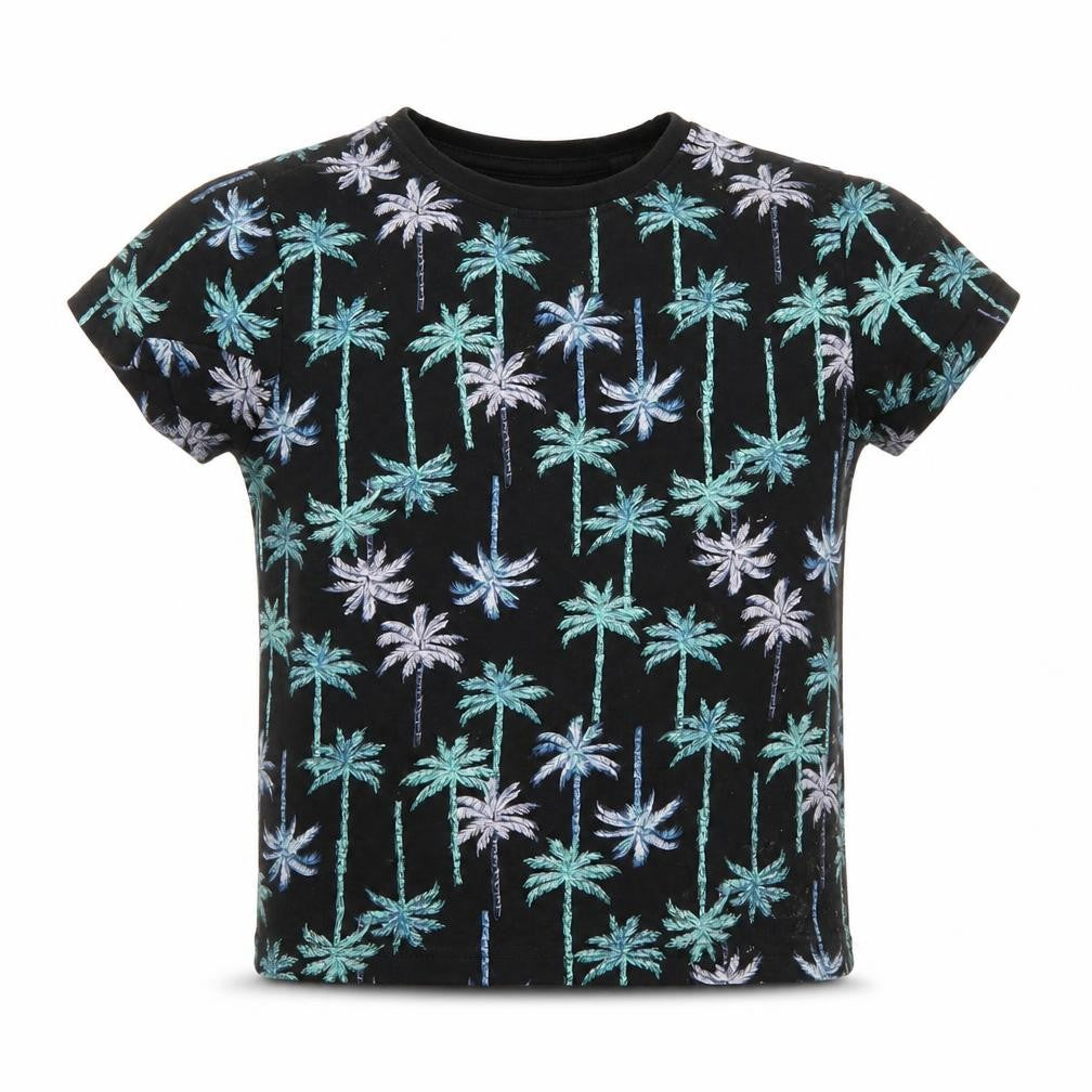 Front view of Primark boys’ black floral basic t-shirt, size 4-5, years