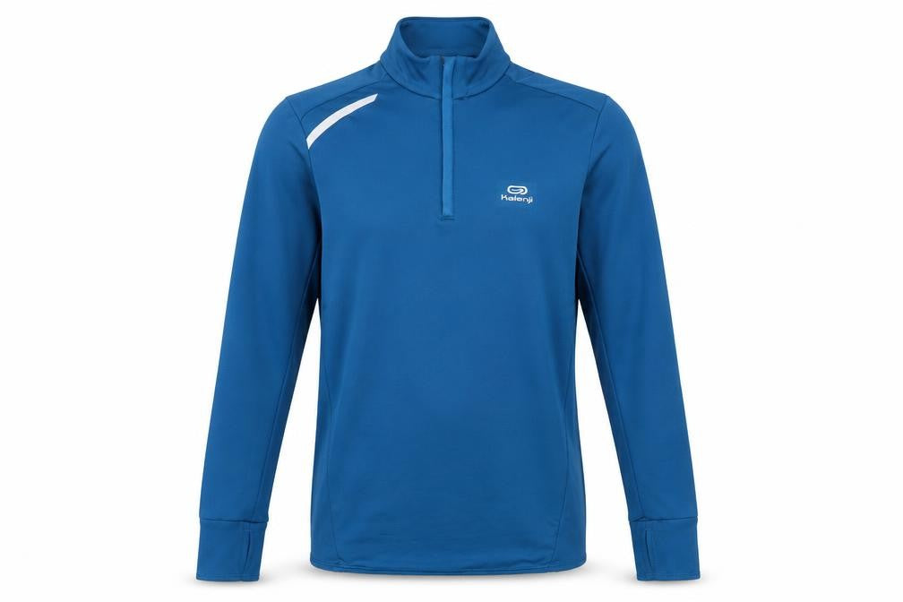 Front view of Kalenji men’s blue jumper, size XS