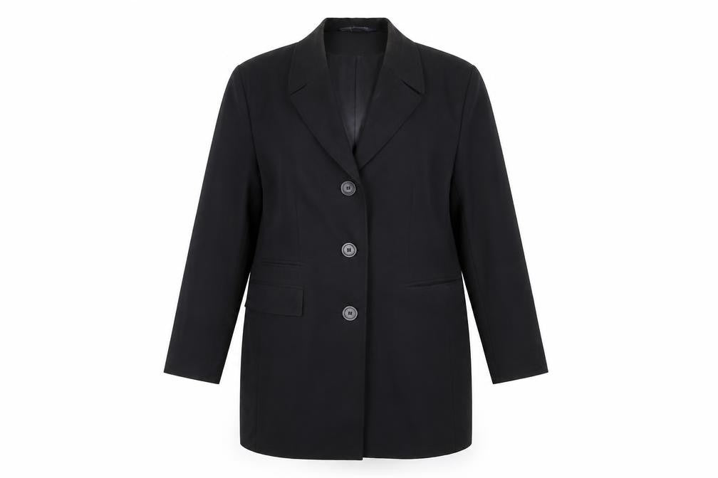 Front view of fashion extra women’s black jacket blazer, size UK 16