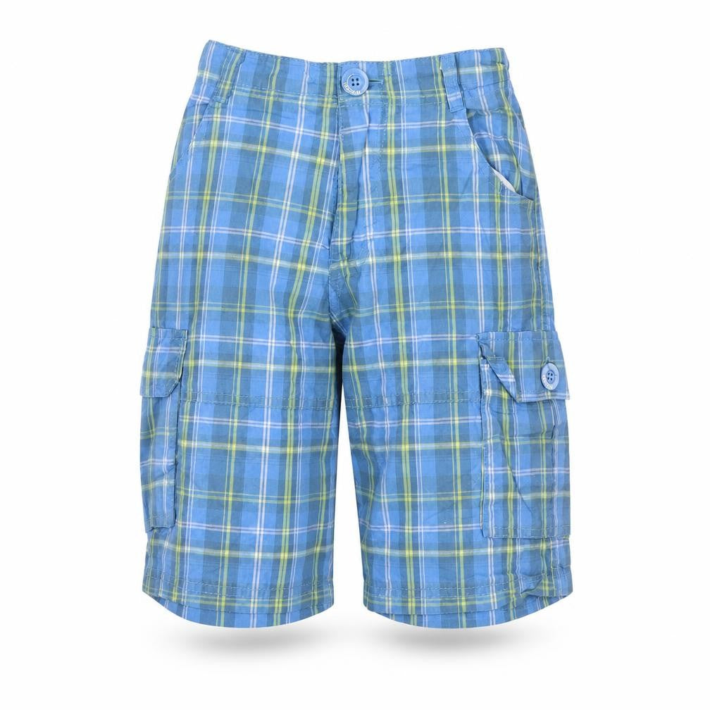 Front view of urban utlaws boys’ blue check capri trousers, size 10, years