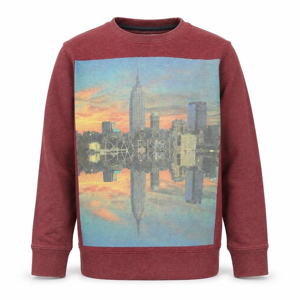Front view of Denim boys’ red pullover sweatshirt, size 12-13, years