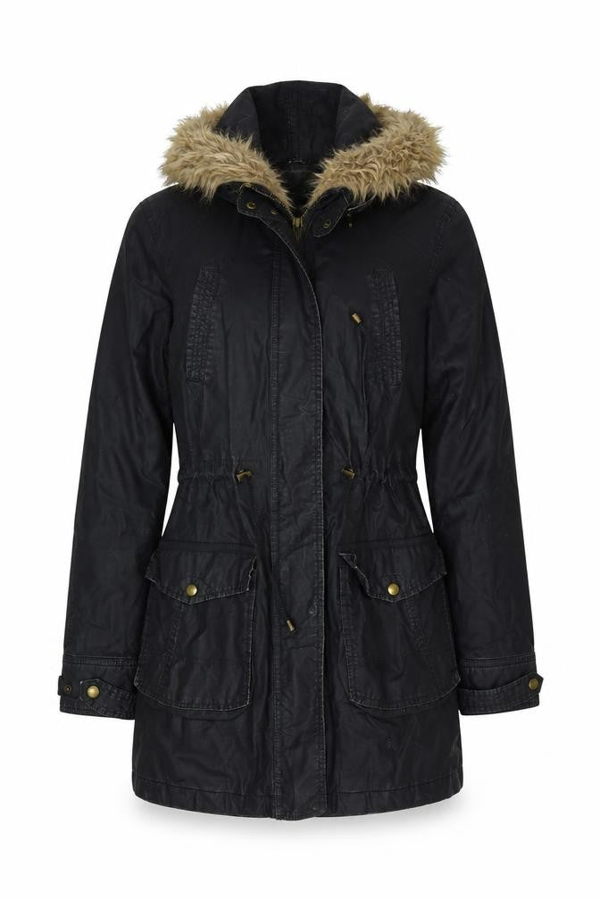 Front view of Marks & Spencer women’s blue overcoat coat, size UK 10