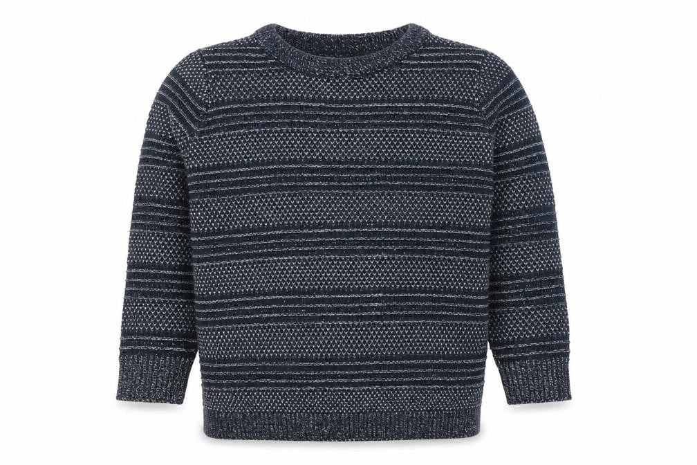 Front view of TRU boys’ blue geometric jumper, size S
