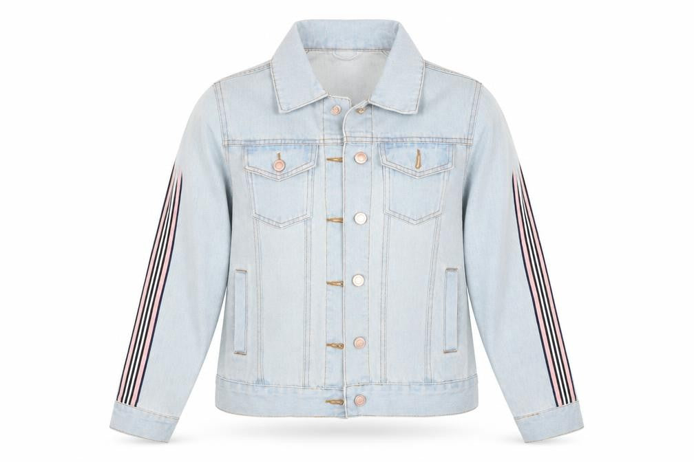 Front view of Studio Denim women’s blue striped denim jacket, size UK 8