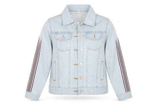 Front view of Studio Denim women’s blue striped denim jacket, size UK 8