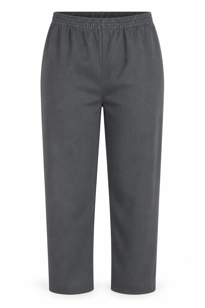 Front view of WT women’s green striped cropped trousers, size UK 12, 22-inch leg