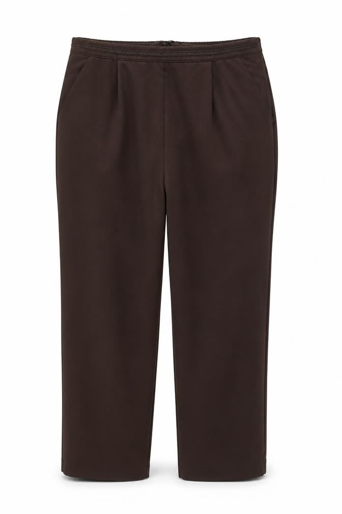 Front view of Bonmarché women’s brown trousers, size UK 16, 25-inch leg