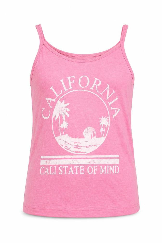 Front view of Primark girls’ pink basic tank, size 9-10, years - california