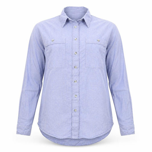 Front view of Next women’s blue basic button-up, size UK 6, - oversized