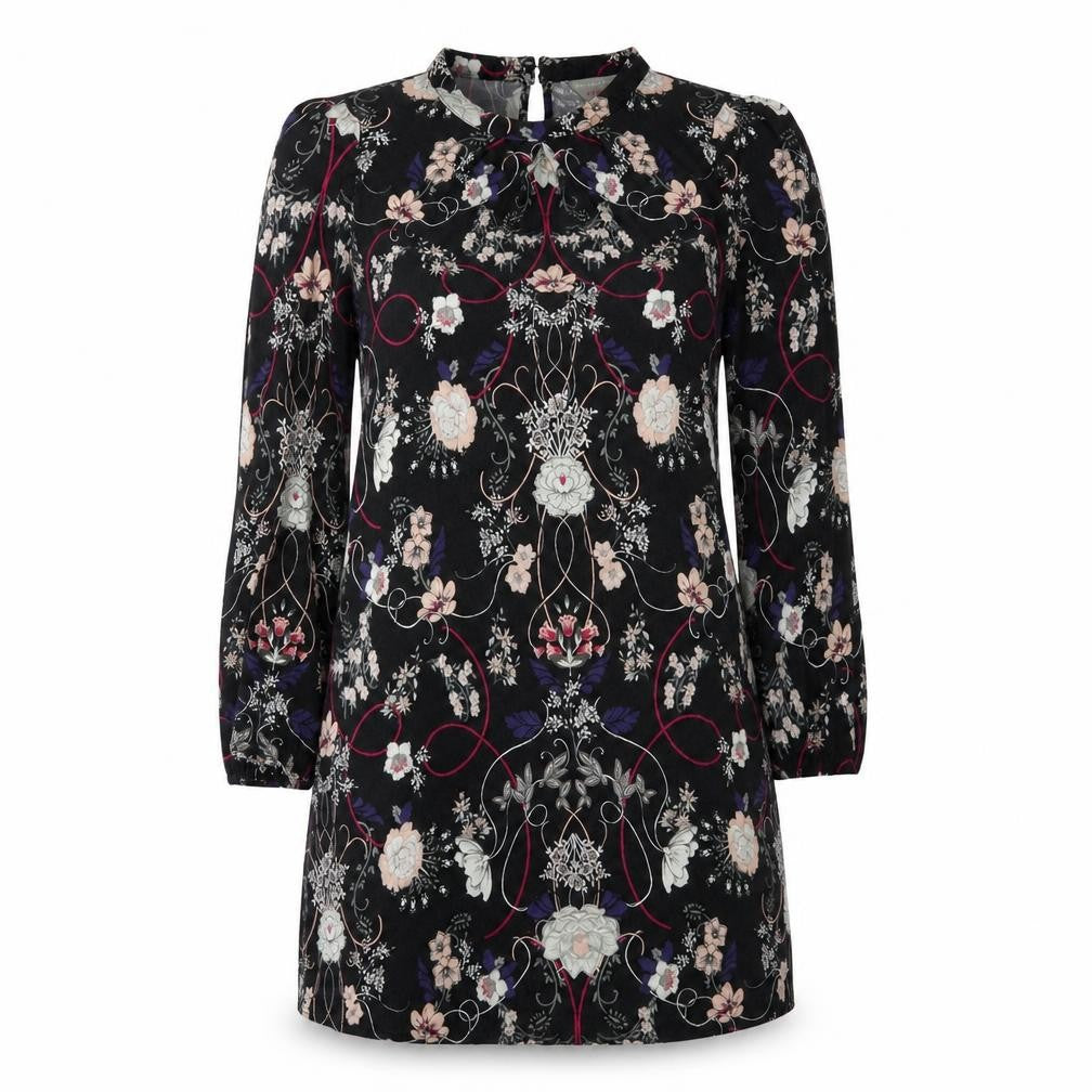 Front view of Dorothy Perkins women’s black floral mini, size UK 12