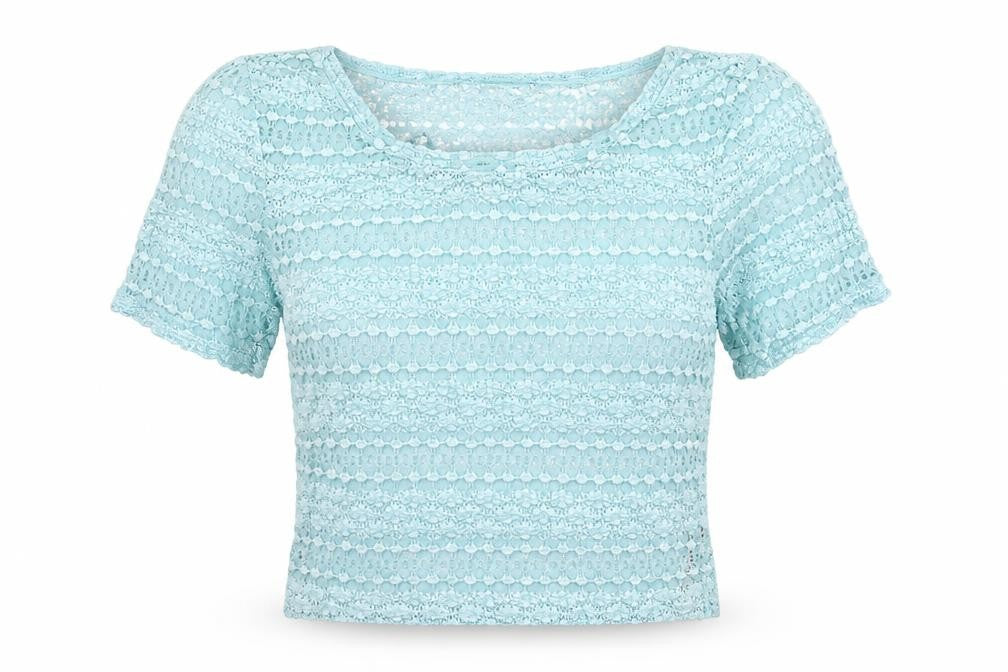 Front view of Topshop women’s blue knit basic t-shirt, size UK 10