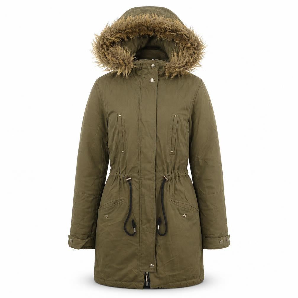 Front view of Papaya women’s green jacket coat, size UK 6