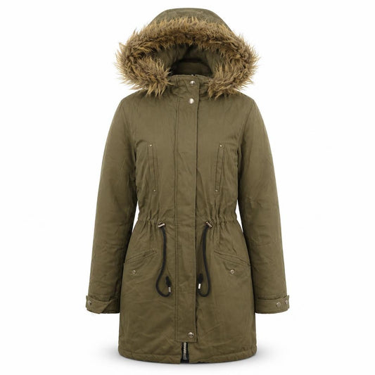 Front view of Papaya women’s green jacket coat, size UK 6