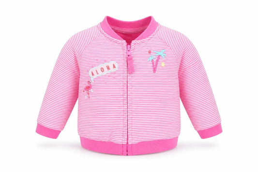 Front view of F&F girls’ pink striped basic jacket jacket, size 3-6, months