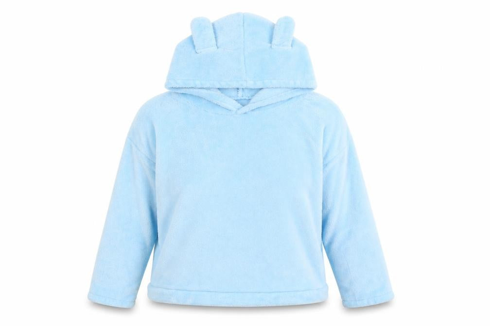 Front view of women’s blue pullover hoodie, size M