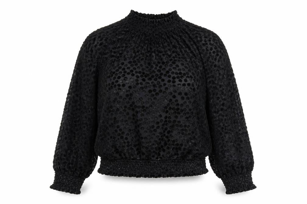 Front view of Marks & Spencer women’s black polka dot jumper, size UK 10