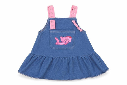 Front view of RESERVED girls’ blue denim a-line, size 9-12, months