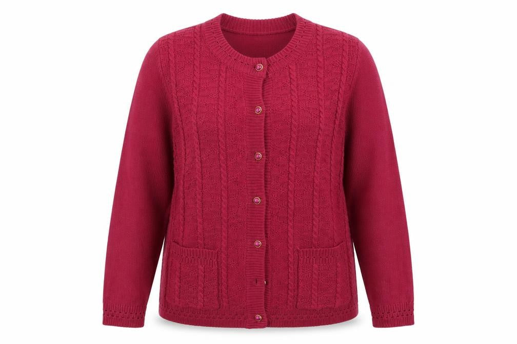 Front view of Bonmarché women’s pink cardigan jumper, size M