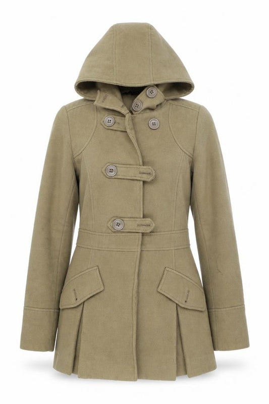 Front view of International women’s beige jacket coat, size UK 10