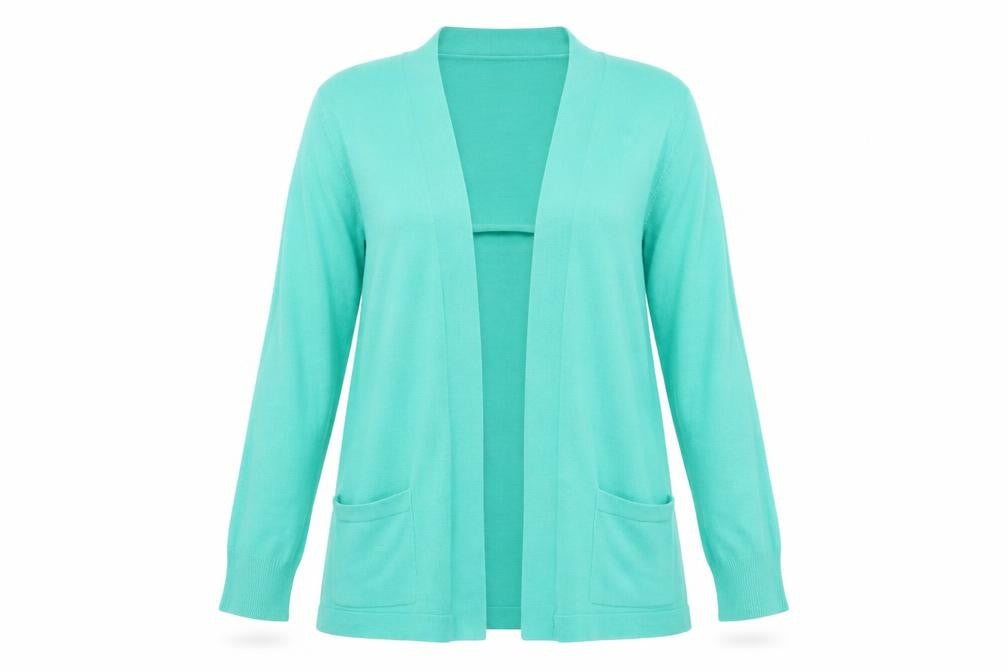 Front view of Sarah Hamilton women’s green cardigan jumper, size M