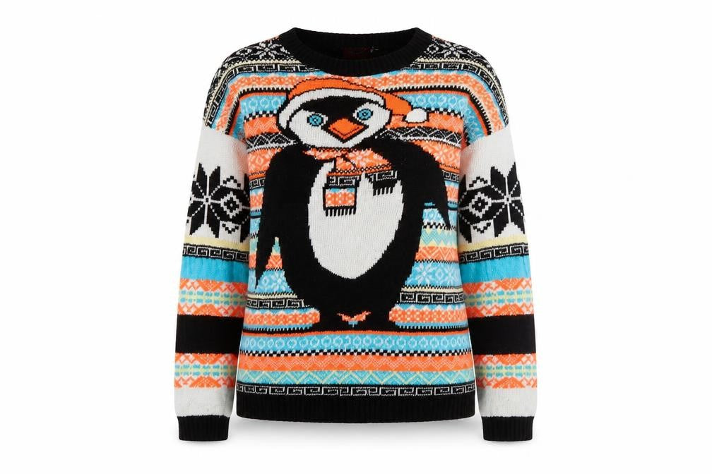 Front view of Remel women’s black jumper, size S, - penguin