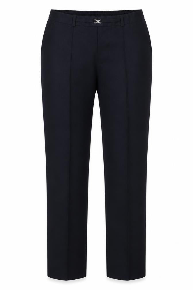 Front view of Marks & Spencer women’s blue trousers, size UK 14, 27-inch leg