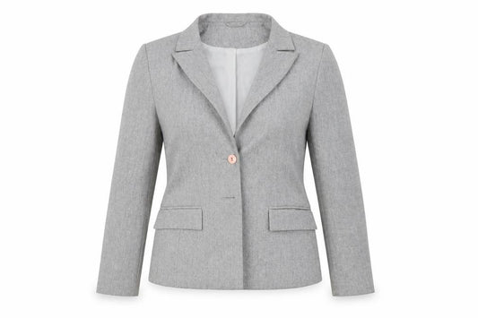 Front view of Misha Brown women’s grey jacket blazer, size UK 12