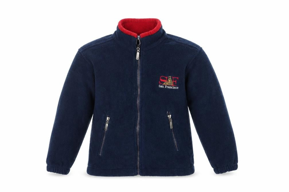 Front view of dimco boys’ blue full zip jumper, size S