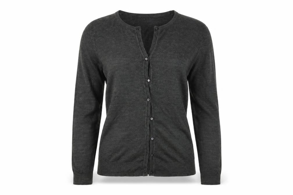 Front view of BHS women’s grey cardigan jumper, size UK 10