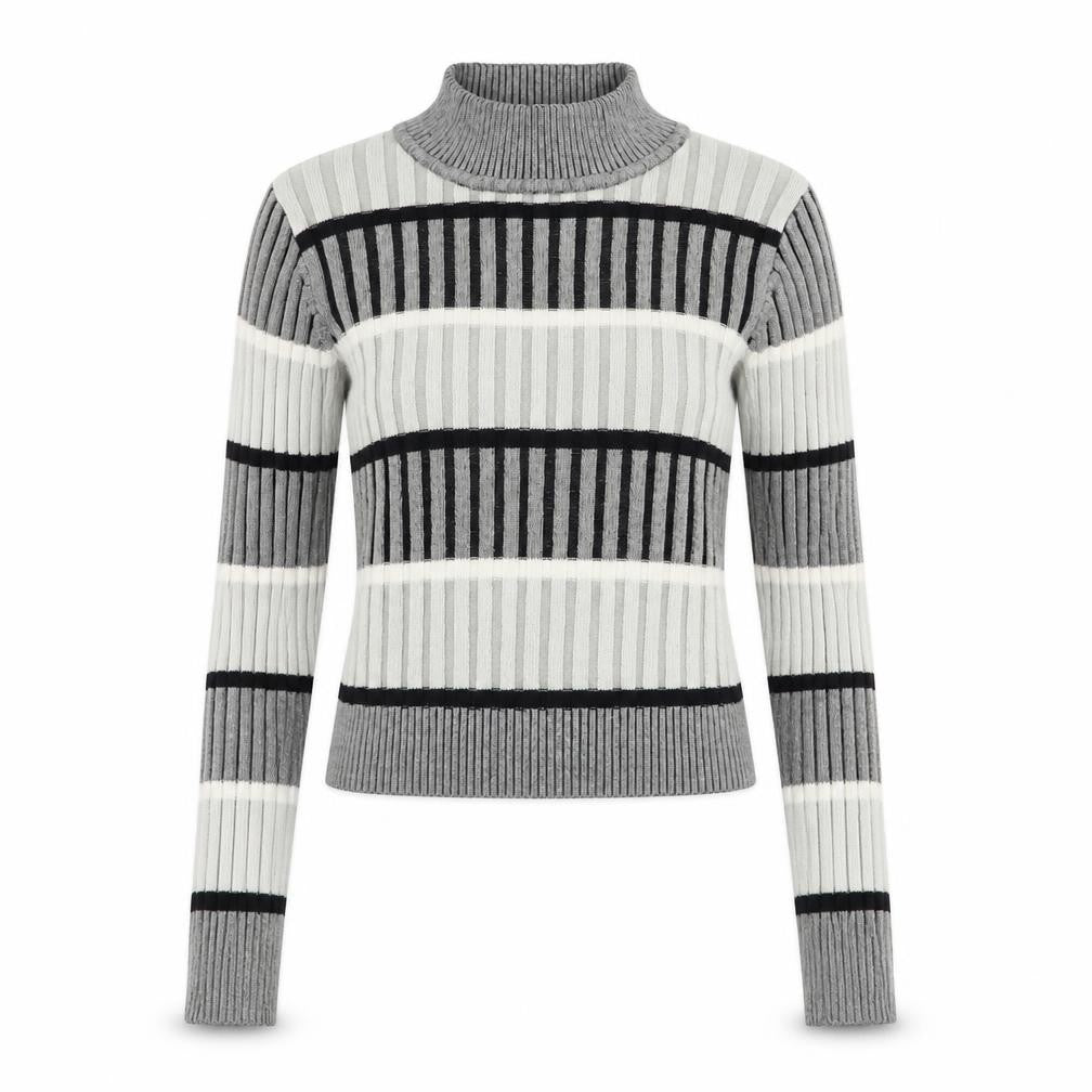 Front view of Select women’s grey striped jumper, size S