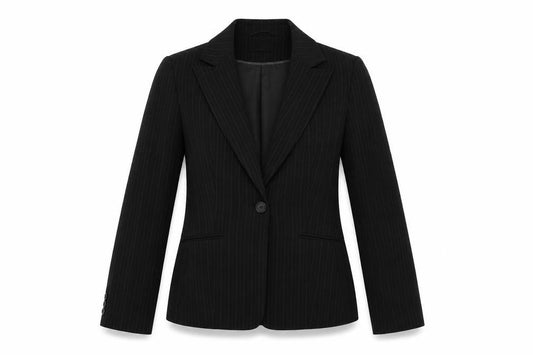 Front view of Primark women’s black striped jacket blazer, size UK 10