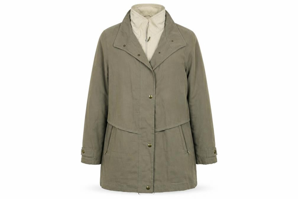 Front view of Goldix men’s green overcoat coat, size 42