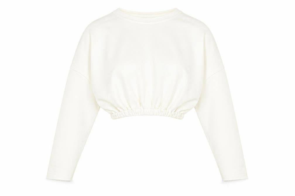 Front view of Baziic women’s ivory pullover sweatshirt one size