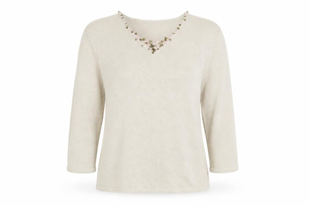 Front view of Lakeland women’s beige knit jumper, size UK 14