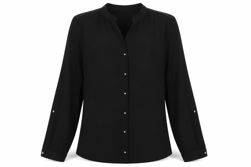 Front view of Dorothy Perkins women’s black basic button-up, size UK 14