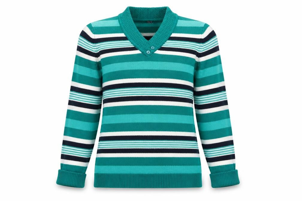 Front view of ISLE Essentials women’s green striped jumper, size S