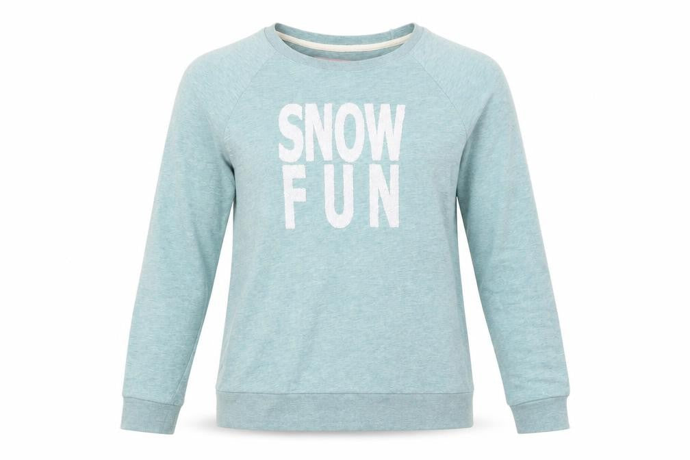 Front view of Tu women’s green jumper, size UK 14, - snow fun