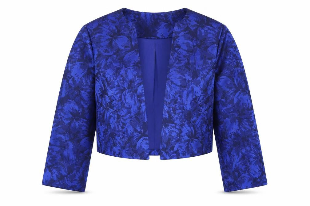 Front view of Shubette women’s blue floral jacket blazer, size UK 8